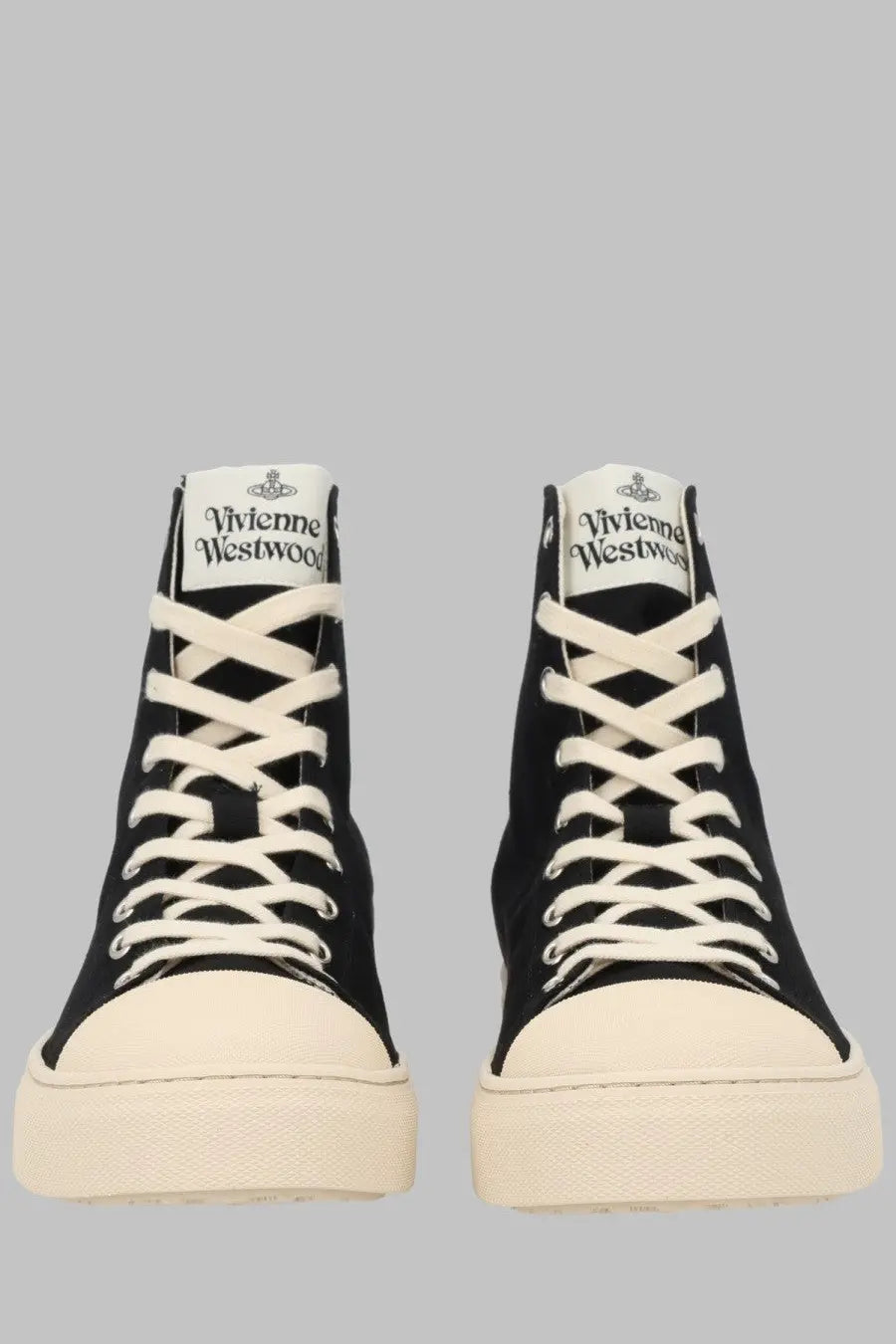 Black high-top canvas sneakers with cream laces and soles featuring vivienne westwood label at the heel