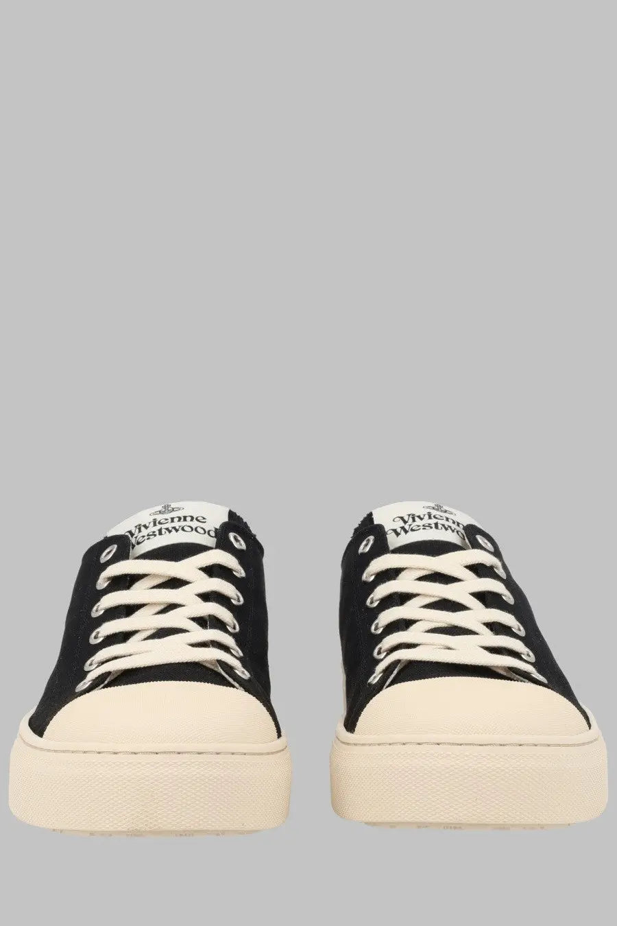 Vivienne Westwood men’s low top black canvas sneakers with white rubber soles and logo on the tongue