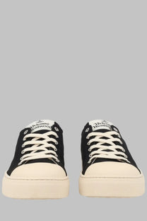 Vivienne Westwood men’s low top black canvas sneakers with white rubber soles and logo on the tongue