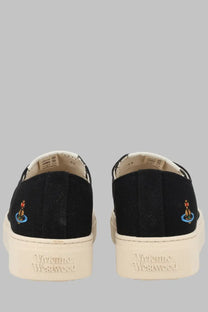 Back view of vivienne westwood black canvas men’s slip-on sneakers with cream rubber sole and embroidered logo heel
