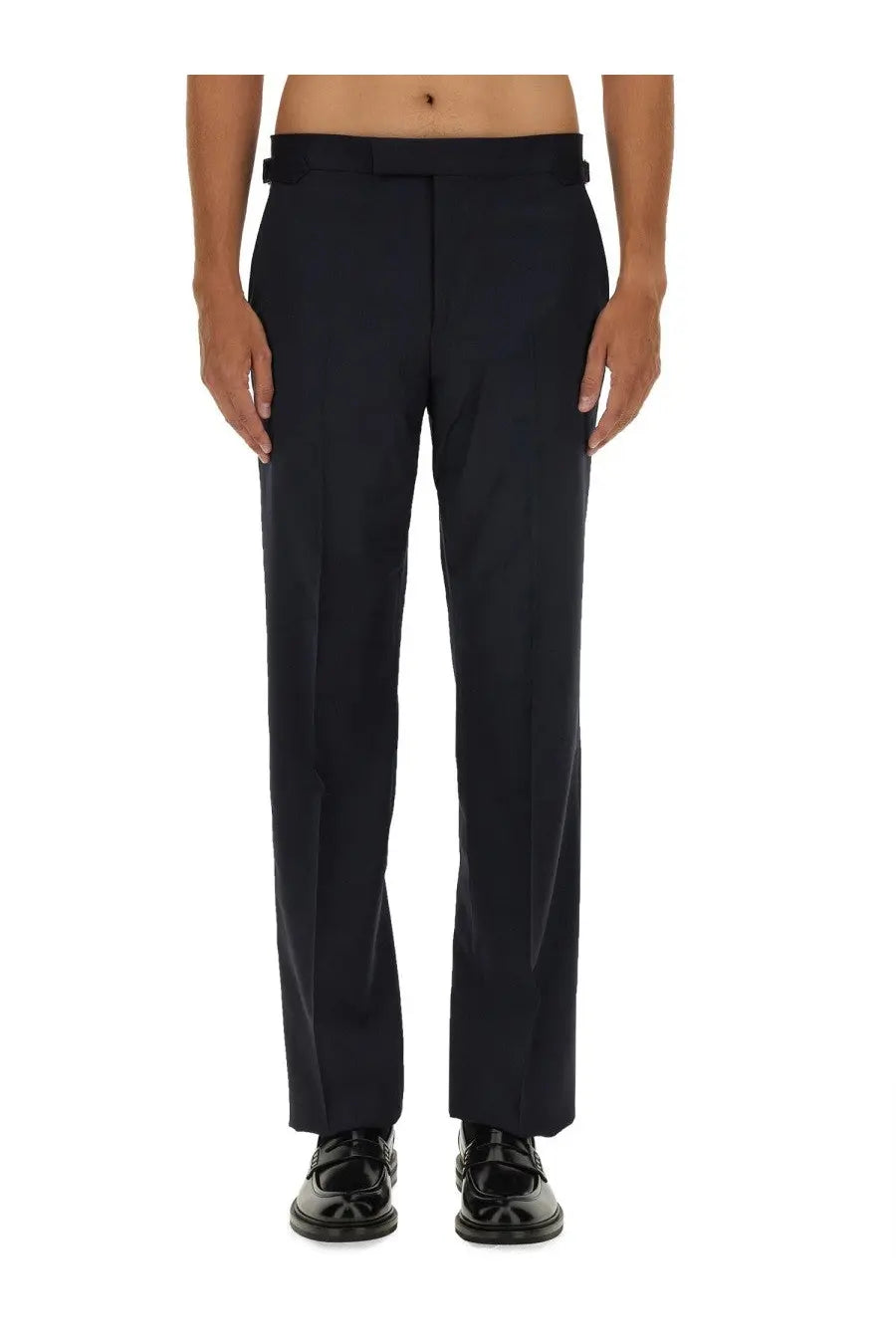 Vivienne Westwood men’s wool pants blue with black tailored trousers featuring a sleek straight-leg cut and front pleats