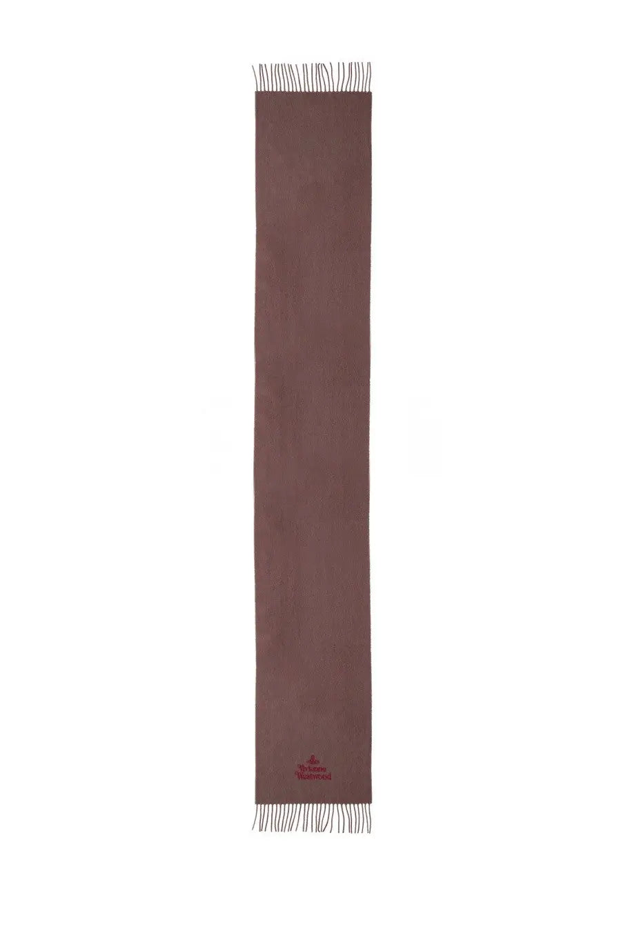 Vivienne Westwood unisex wool scarf brown with sleek solid cashmere texture delicate fringe and subtle embroidered logo