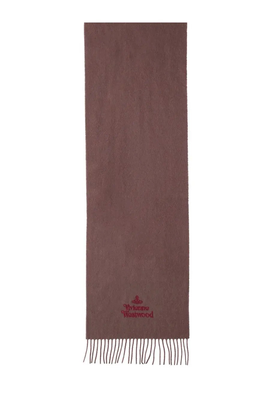 Vivienne Westwood unisex brown wool scarf with subtle suede texture and red embroidered logo at the bottom
