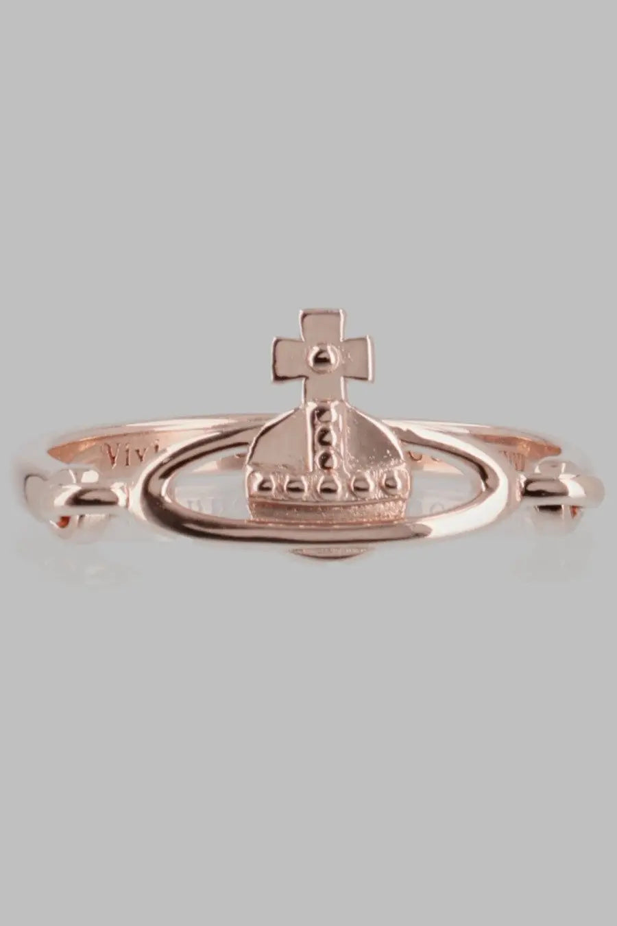 Vivienne Westwood women’s rose gold Anello Vendome orb ring with central crown and cross encircled by oval band