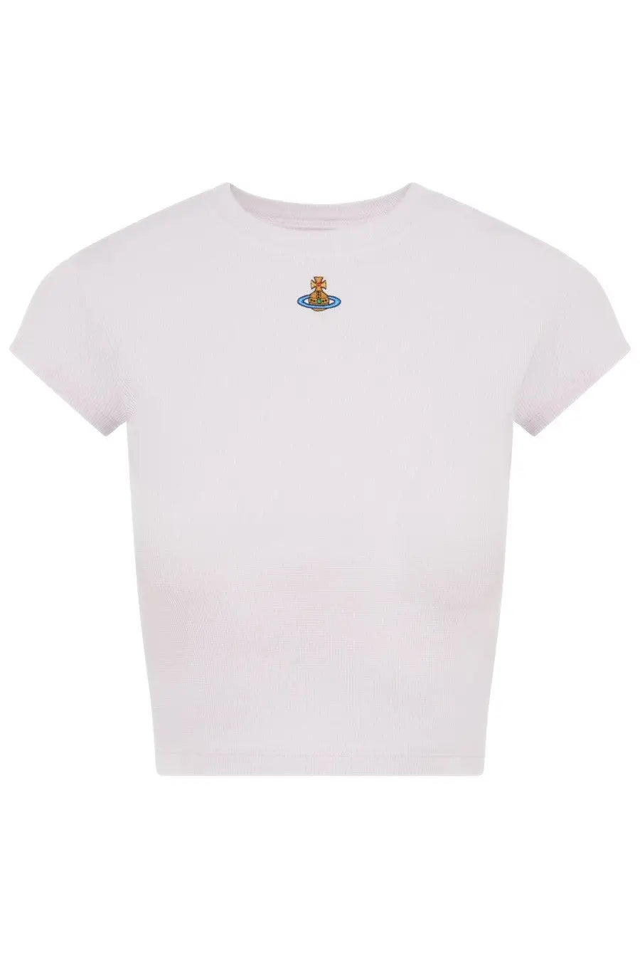 White short-sleeved crop top featuring a small embroidered vivienne westwood logo with gold figure on blue base