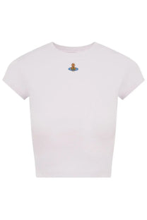 White short-sleeved crop top featuring a small embroidered vivienne westwood logo with gold figure on blue base