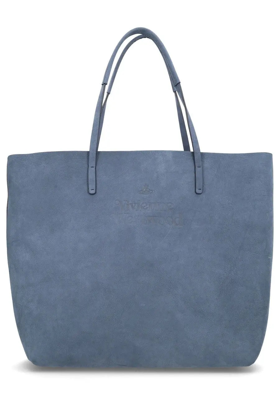 A vivienne westwood women’s tote bag in study blue slate blue suede with matching handles and an embossed logo
