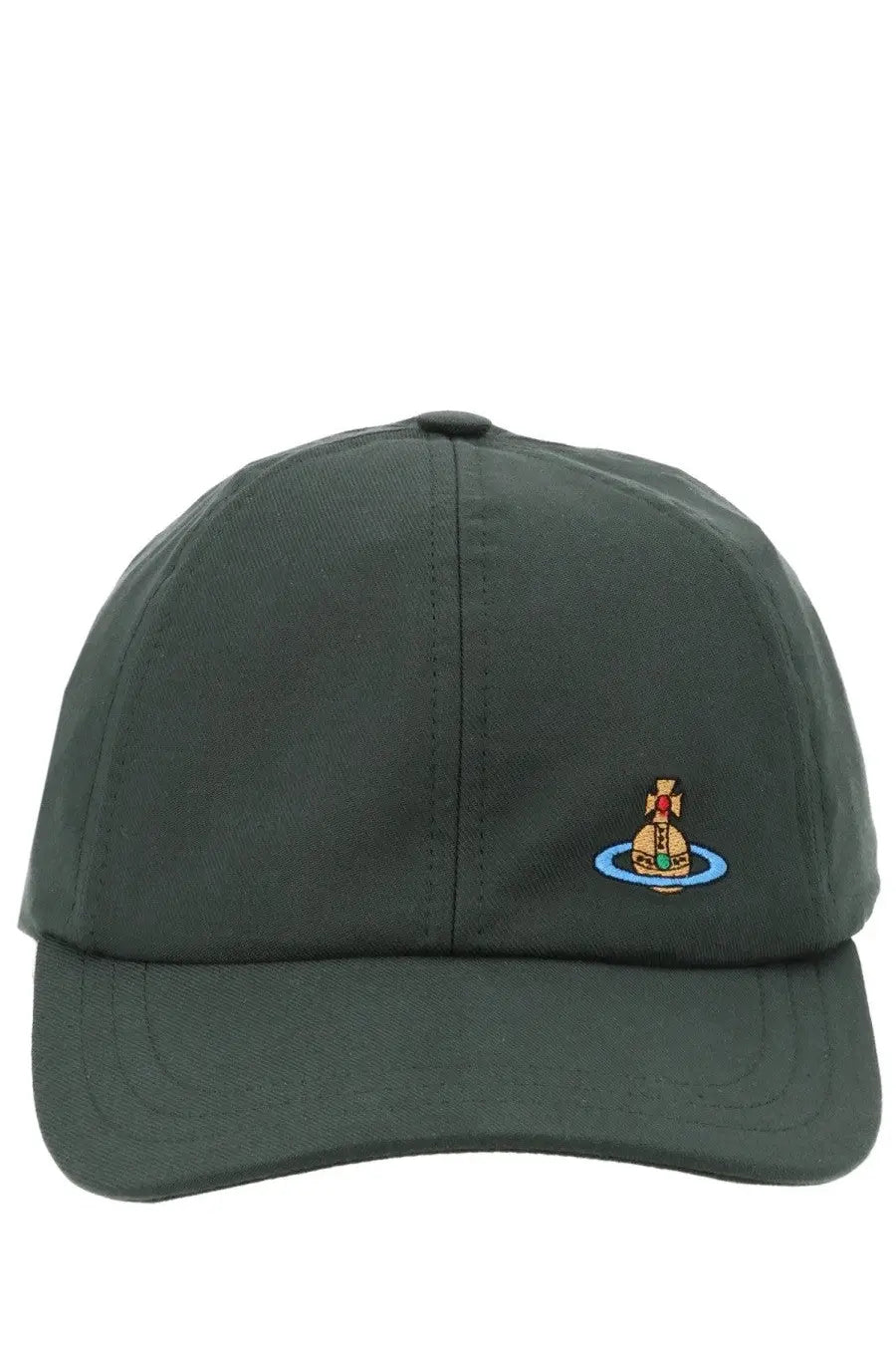 Dark green vivienne westwood women’s baseball cap with small embroidered logo on blue circular base
