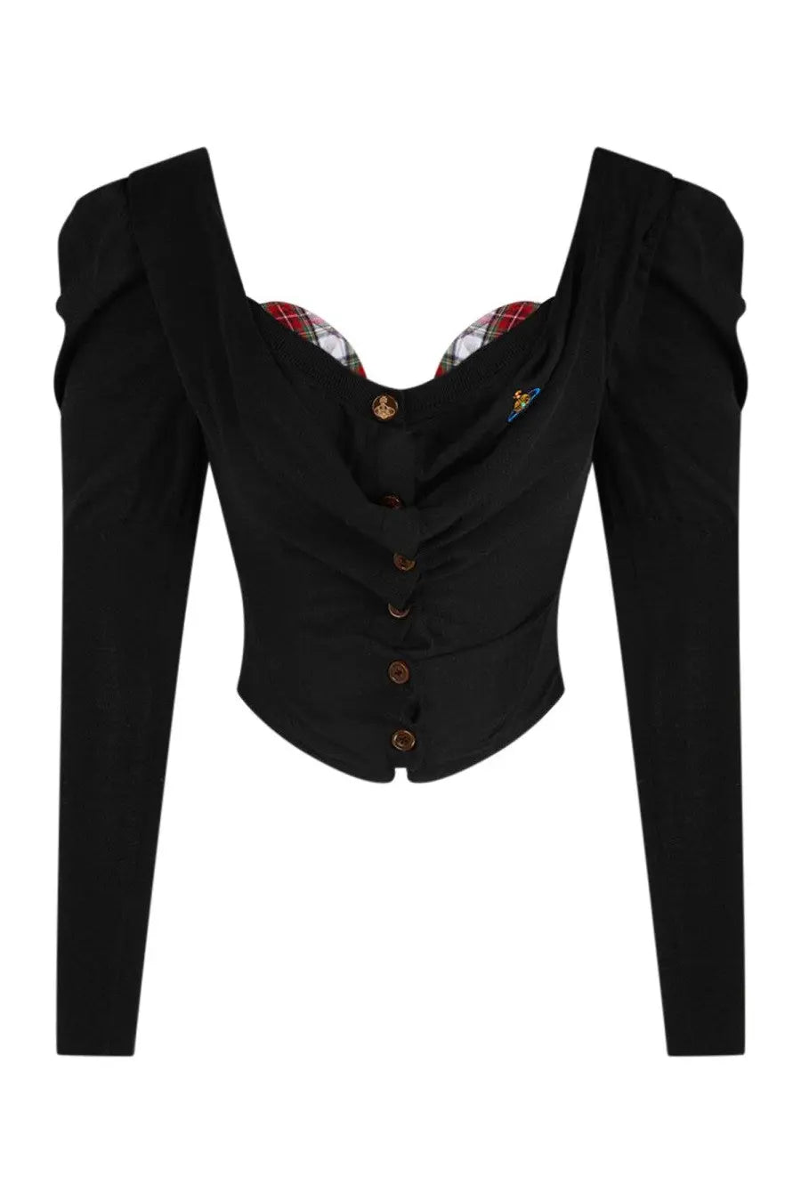 Vivienne Westwood women’s black long-sleeved corset top with puffed shoulders and plaid neckline lining