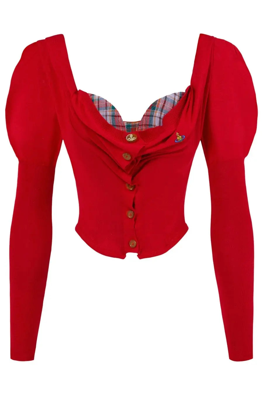 Vivienne Westwood women’s Bea corset top in red cropped knit with puffed sleeves and plaid lining