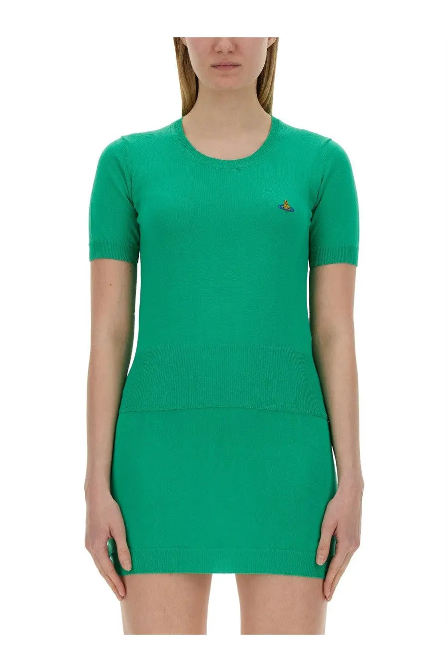 Vivienne Westwood women’s green knit mini dress with short sleeves and ribbed detailing in Bea Shirt style