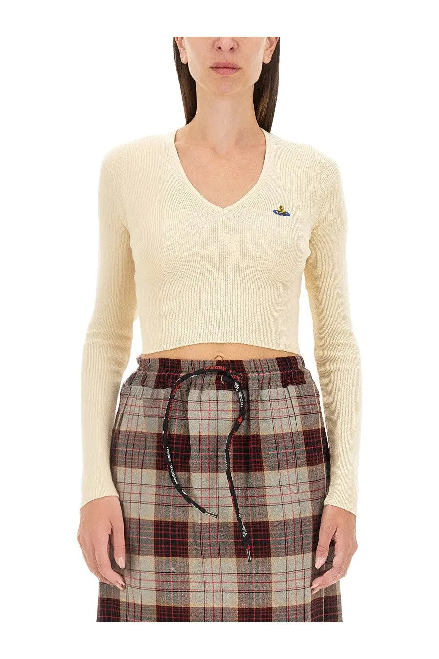 Vivienne Westwood women’s white ribbed knit long-sleeve crop top with v-neck and embroidered logo on left chest