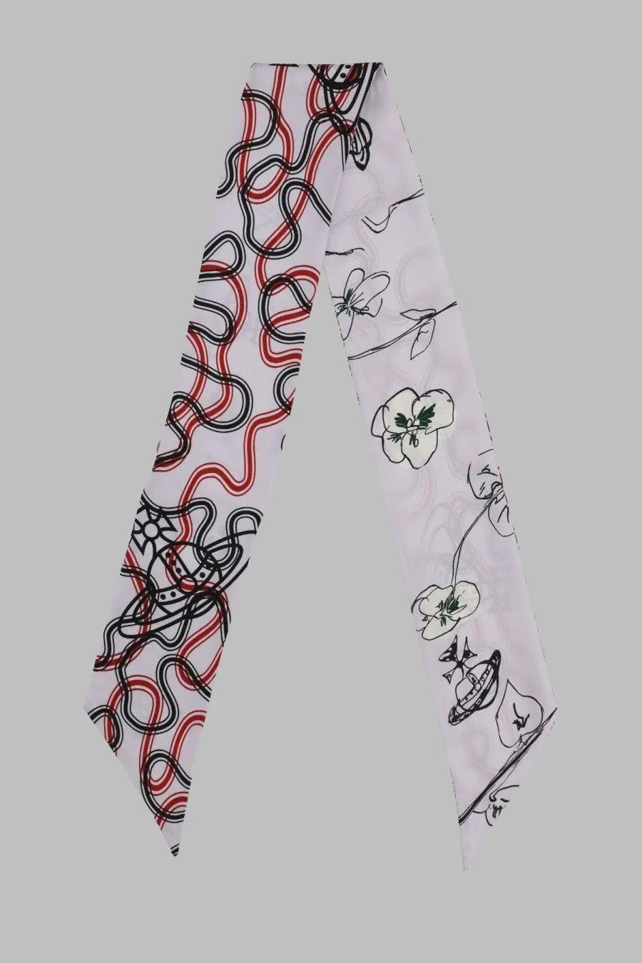 White silk scarf by Vivienne Westwood featuring bold red and black abstract swirls with delicate floral illustrations