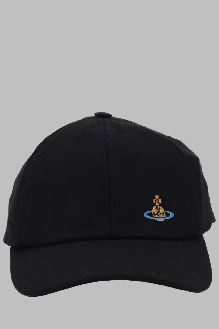 Vivienne Westwood women’s black baseball cap with small embroidered logo featuring a brown and red figure on blue base