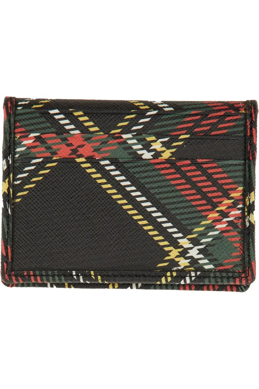 Vivienne Westwood women’s bi fold card holder in black leather with bold multicolor plaid pattern