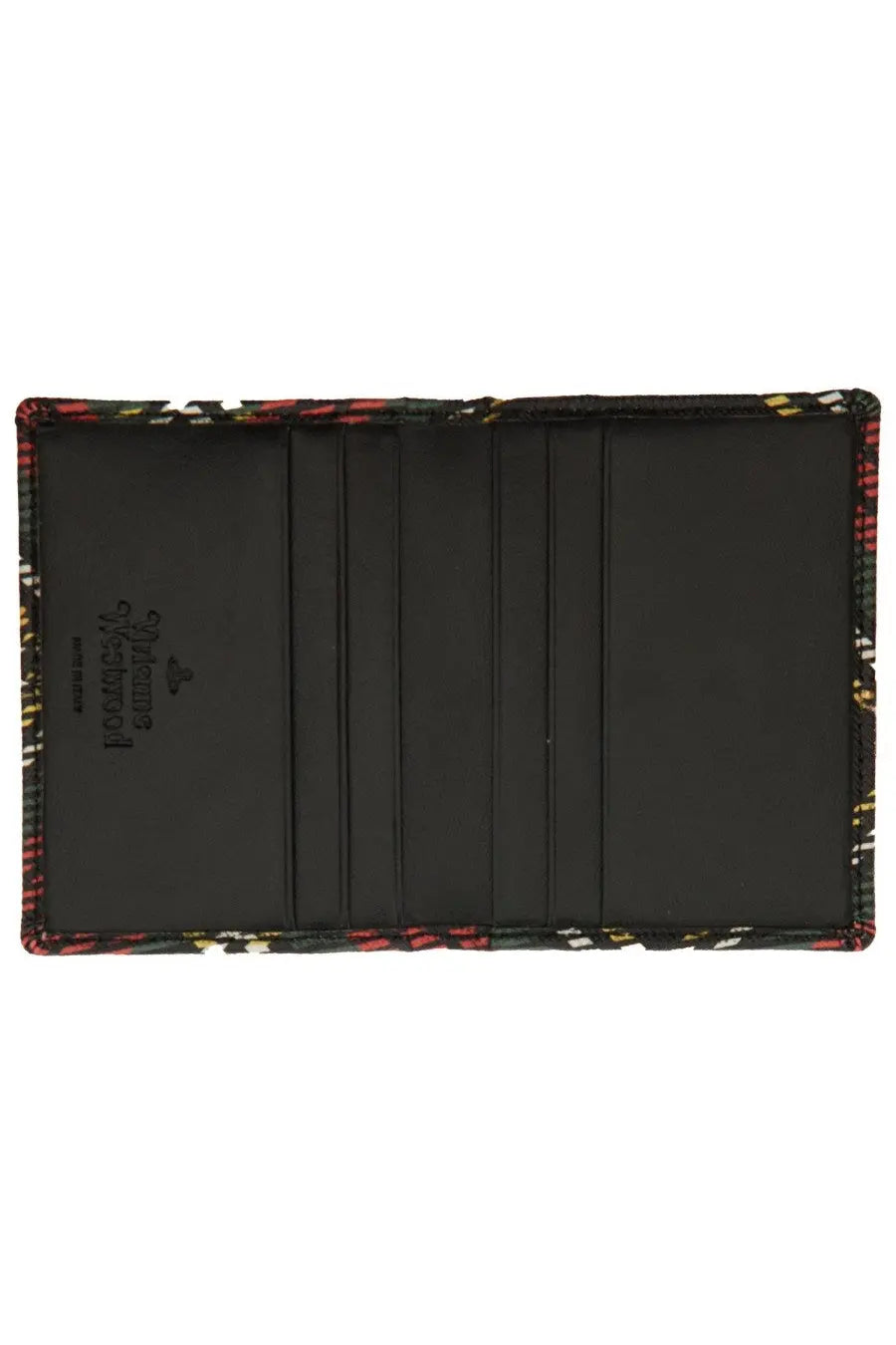 Vivienne Westwood women’s bi fold card holder with bold multicolored pattern exterior and black interior card slots