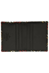 Vivienne Westwood women’s bi fold card holder with bold multicolored pattern exterior and black interior card slots