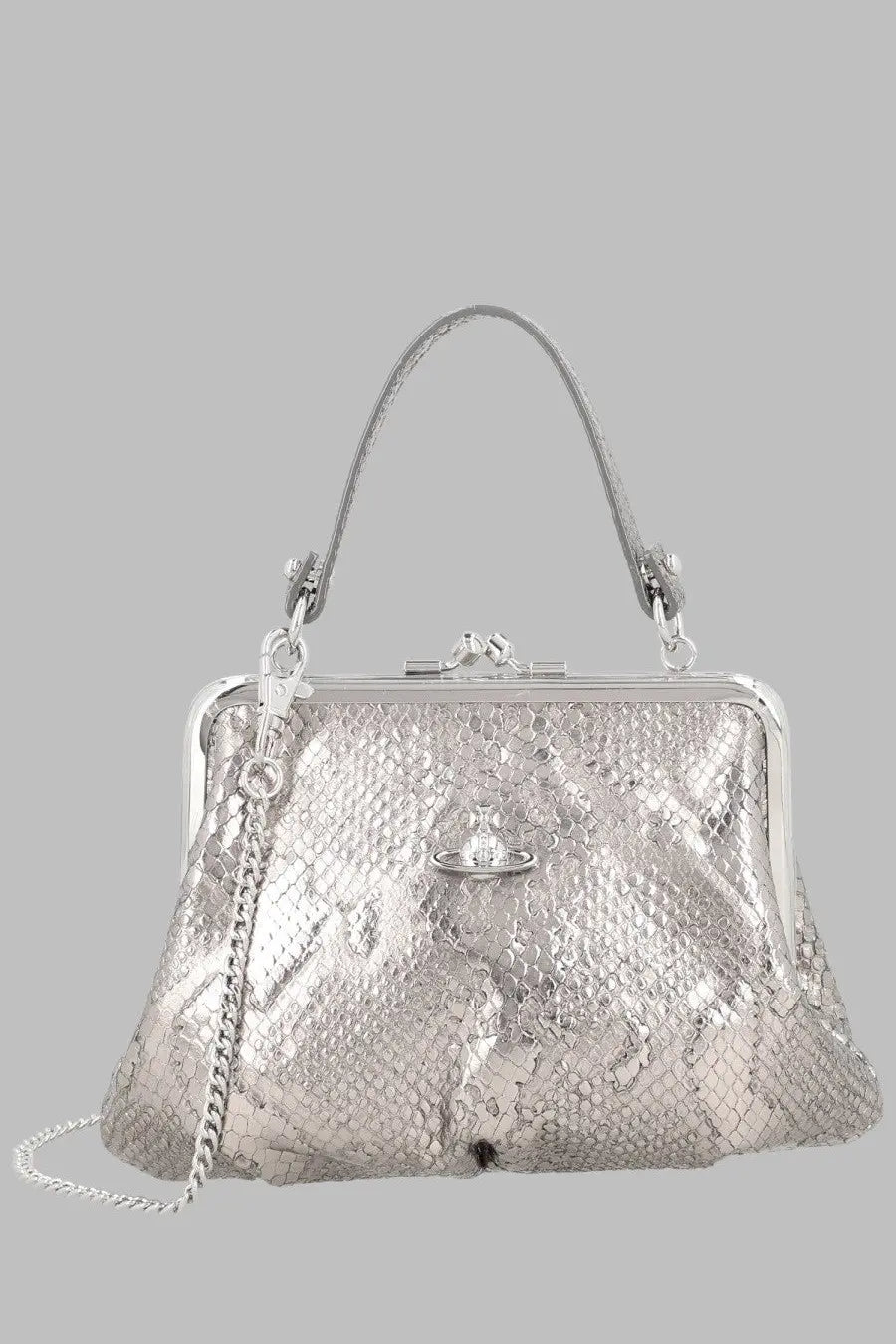 Vivienne Westwood women’s borsa granny frame silver clutch bag with silver snake print metallic frame and chain strap