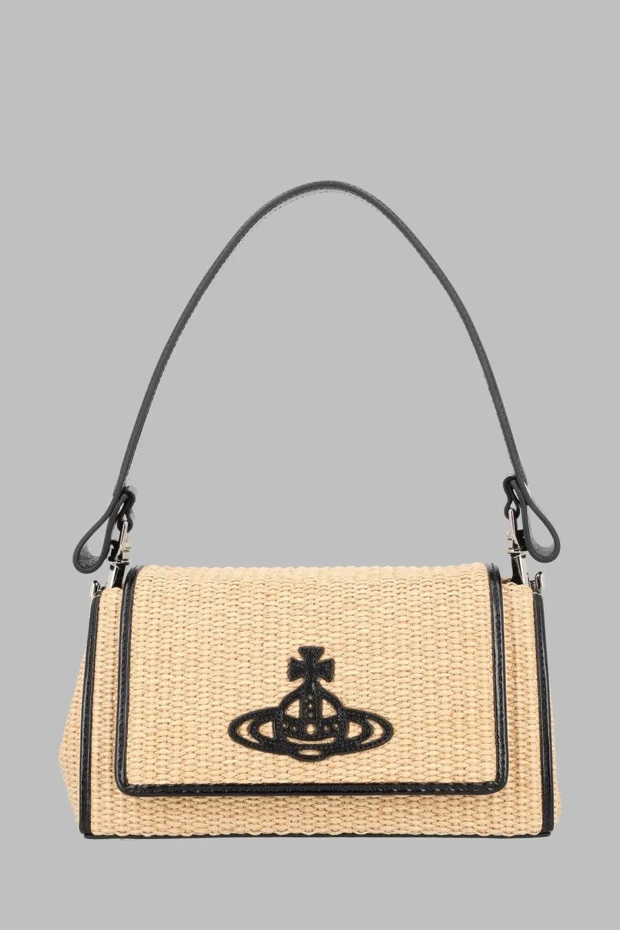 Vivienne Westwood women’s borsa hazel medium beige woven straw handbag with black leather trim and black embroidered orb logo