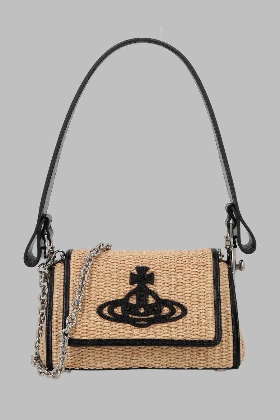Vivienne westwood women’s borsa hazel small con pink beige woven straw handbag with black leather trim and silver chain strap