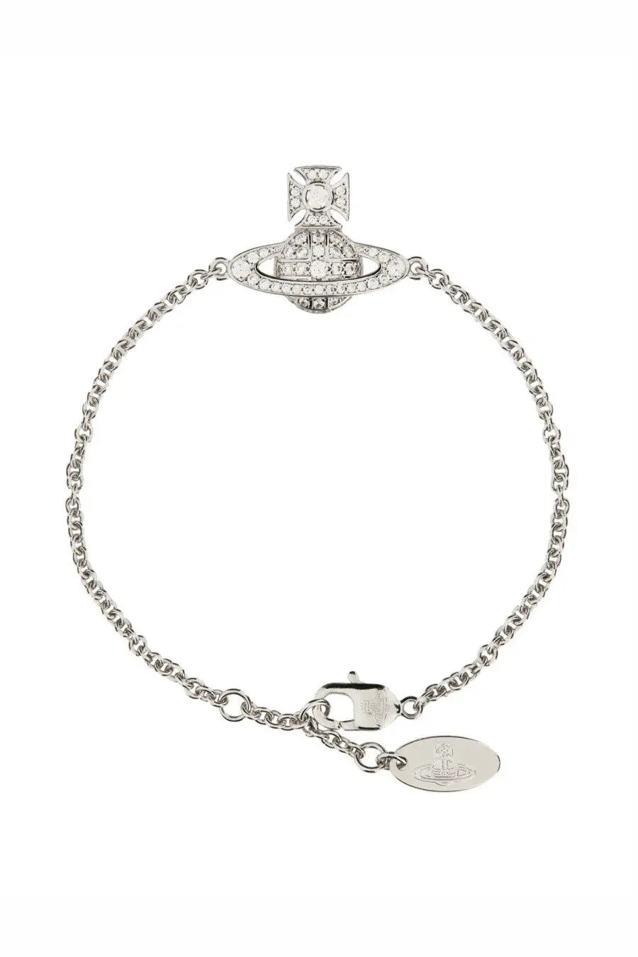 Vivienne Westwood women’s silver-plated chain bracelet with diamond-encrusted planet charm and oval-shaped tag