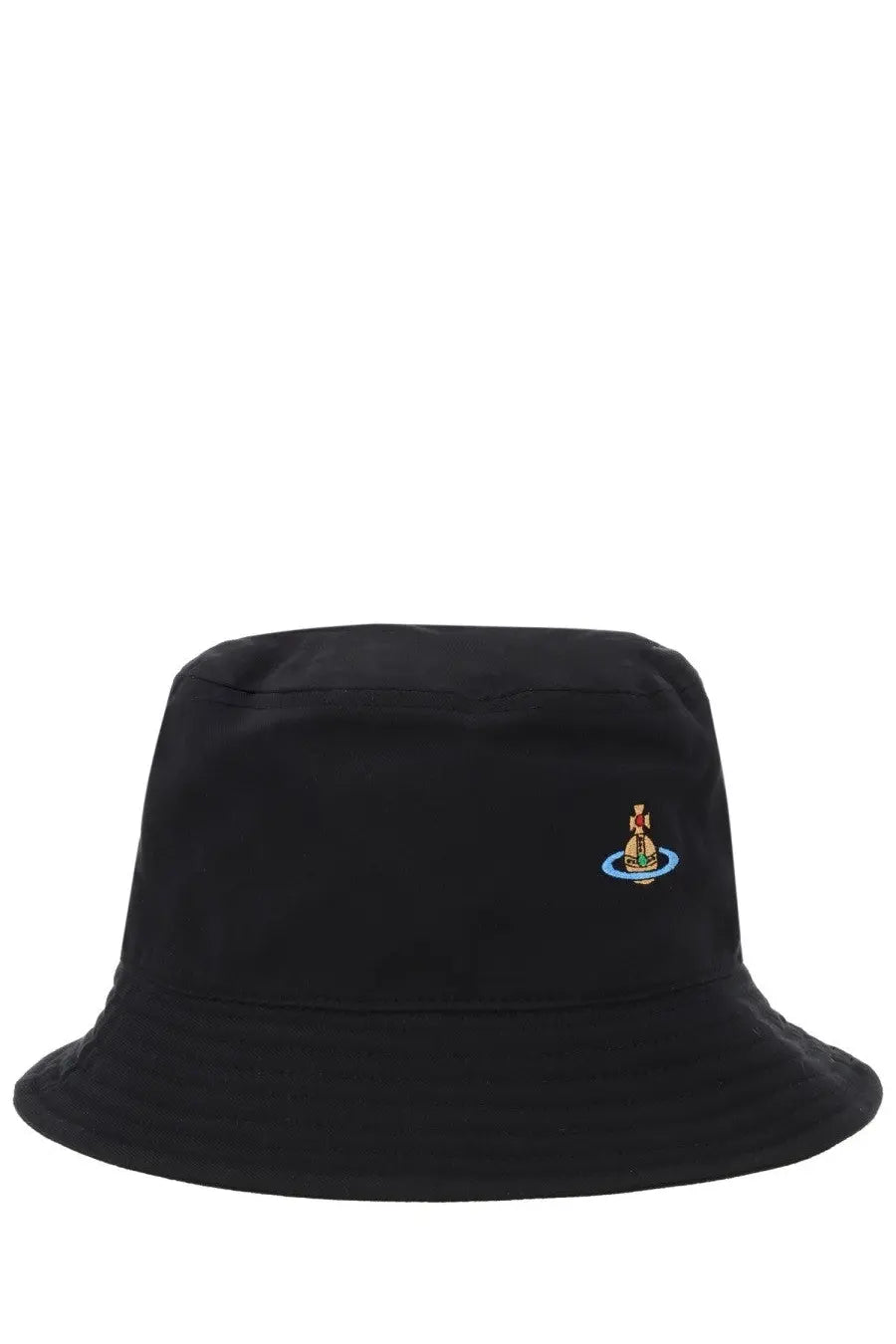 Vivienne Westwood women’s black bucket hat with small embroidered logo of a figure in a boat on the front
