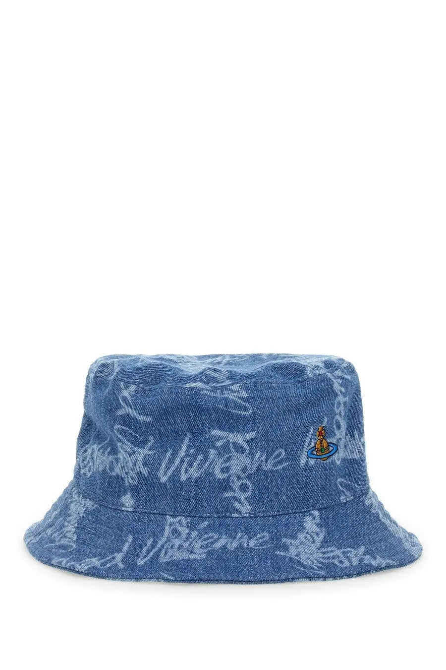 Vivienne Westwood women’s blue denim bucket hat with repeating vivienne script pattern and embroidered logo front