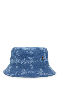 Vivienne Westwood women’s blue denim bucket hat with repeating vivienne script pattern and embroidered logo front