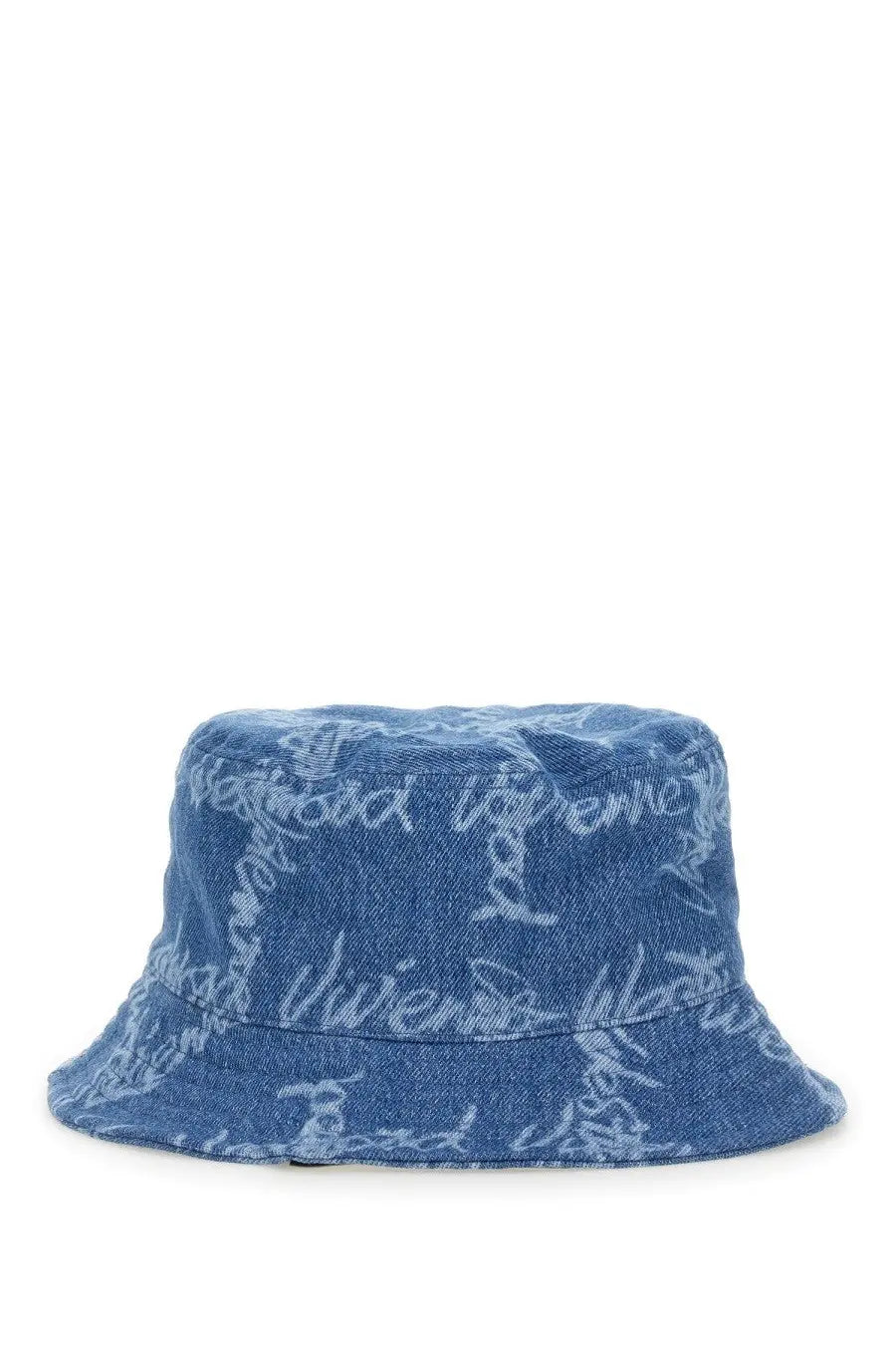 Vivienne Westwood women’s blue denim bucket hat with subtle white graffiti style lettering pattern