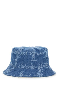 Vivienne Westwood women’s blue denim bucket hat with subtle white graffiti style lettering pattern
