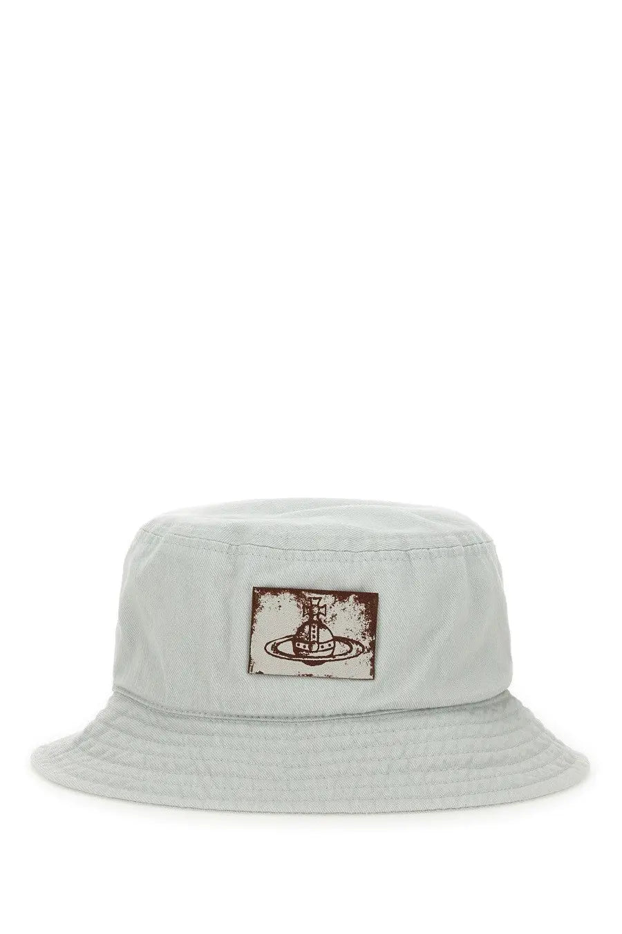 Light gray Vivienne Westwood women’s bucket hat with a distressed brown patch featuring the iconic orb logo