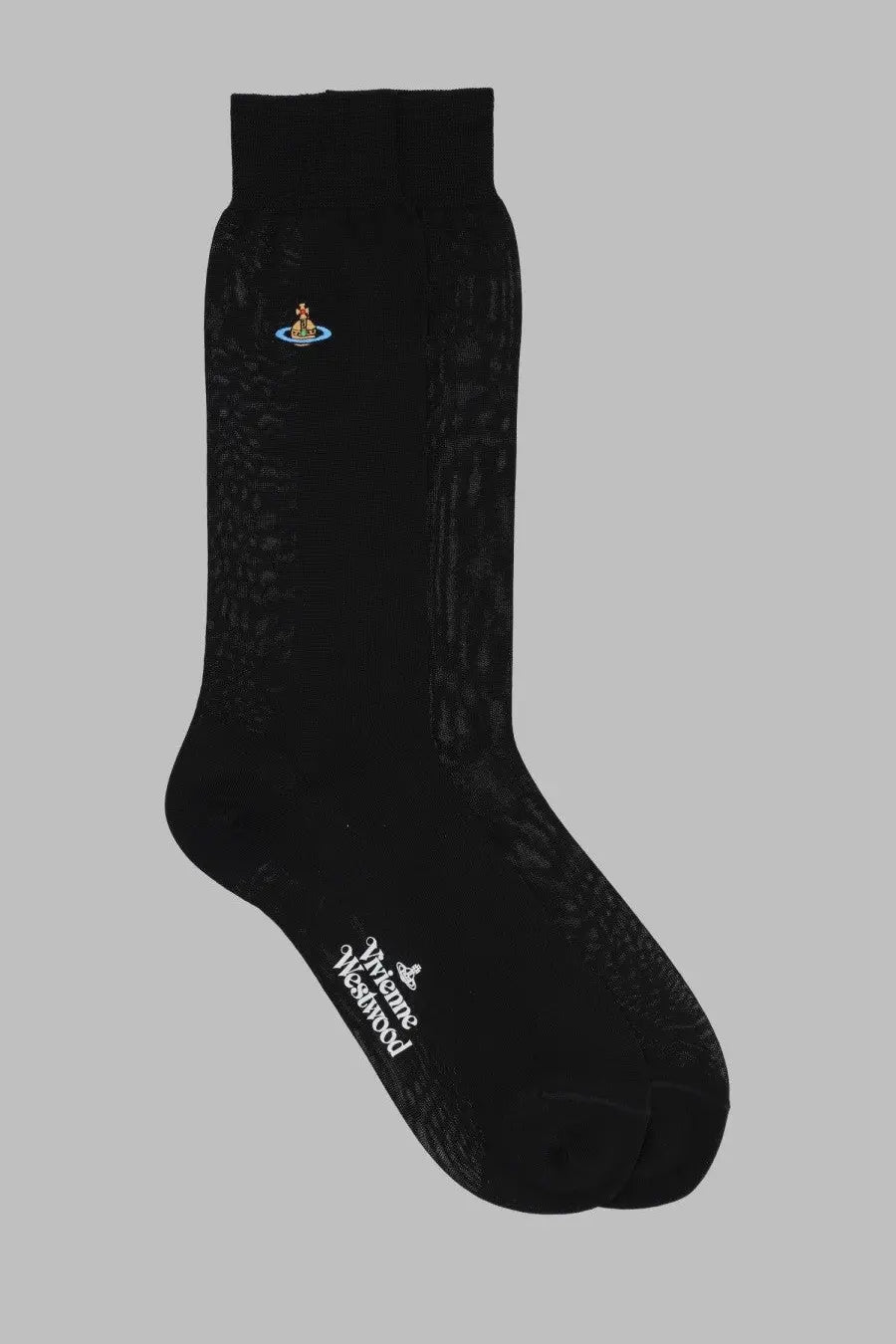 Vivienne Westwood women’s black sock with subtle textured pattern and embroidered orb logo near the top