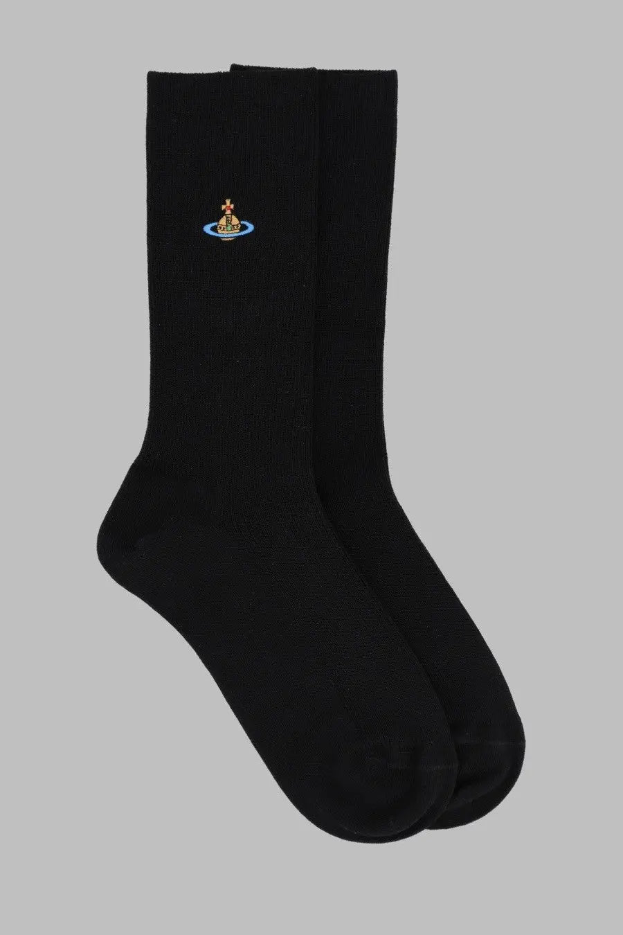 Black ribbed crew socks by vivienne westwood featuring a golden orb logo embroidered on a blue ring at the top