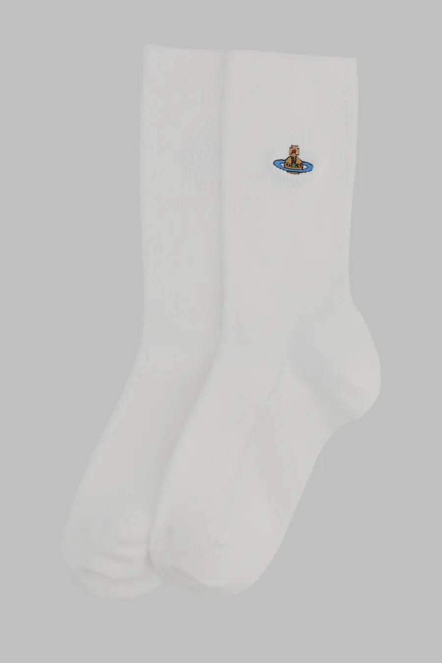 Vivienne Westwood women’s white ribbed cotton crew socks with embroidered bear logo on a blue planet orb