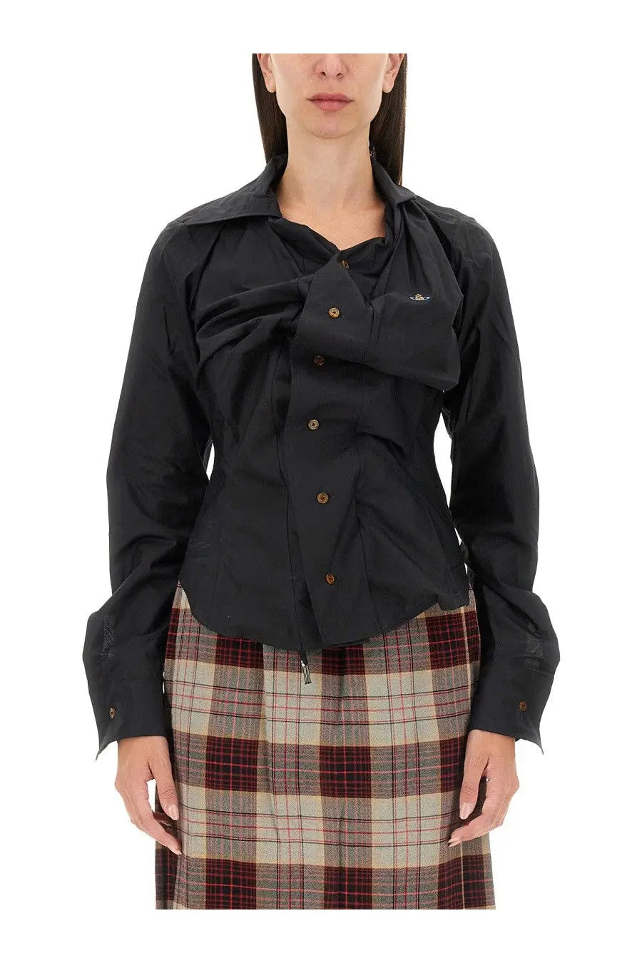Vivienne Westwood women’s black long-sleeved blouse with structured collar and button-front design