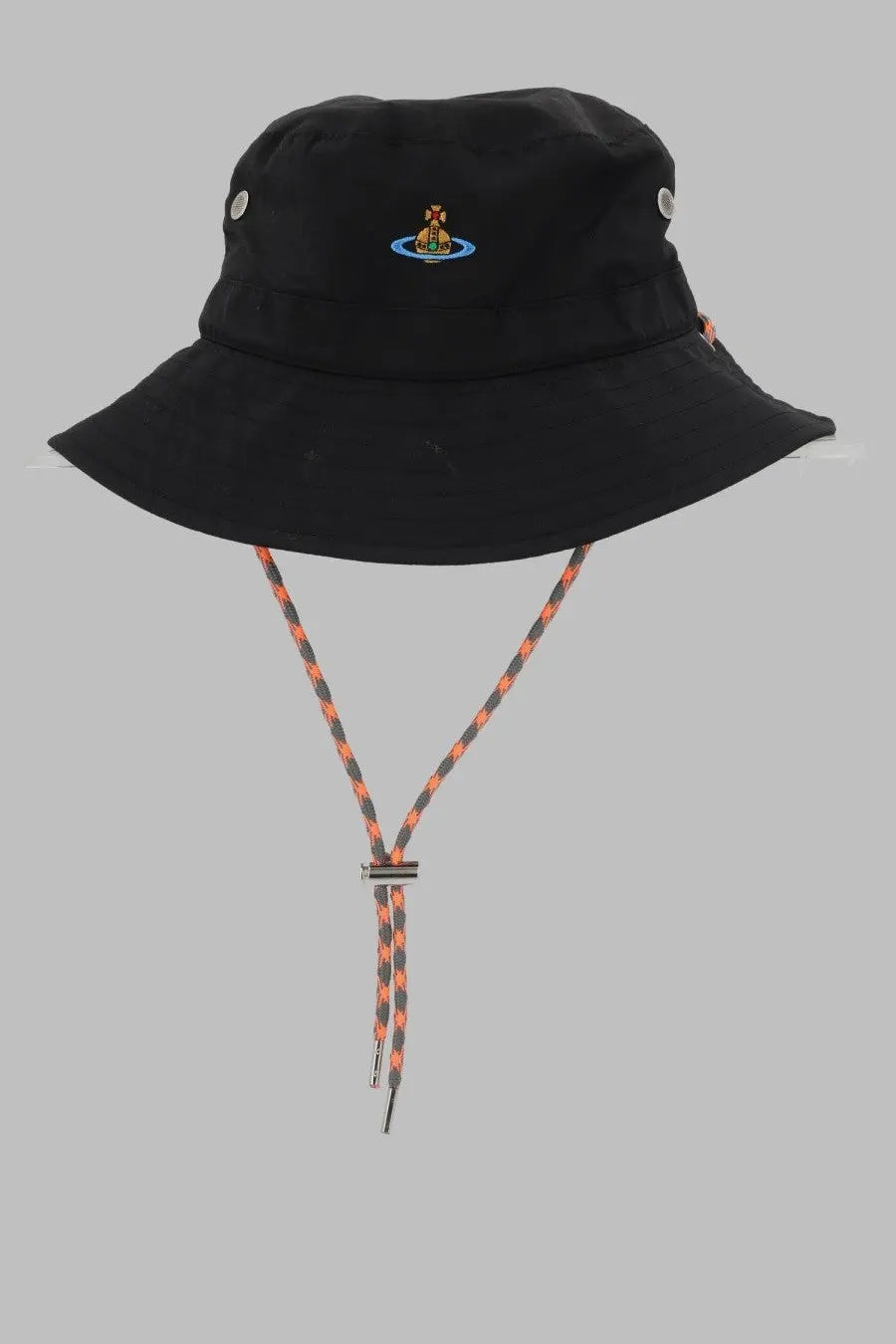 Vivienne Westwood women’s black bucket hat with colorful embroidered logo and orange gray braided chin strap