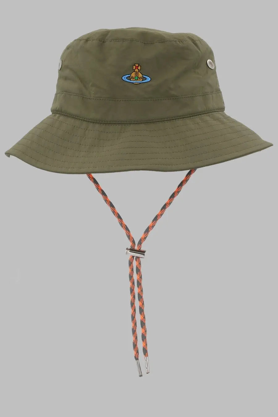 Olive green vivienne westwood women’s bucket hat with embroidered logo and orange gray braided chin strap