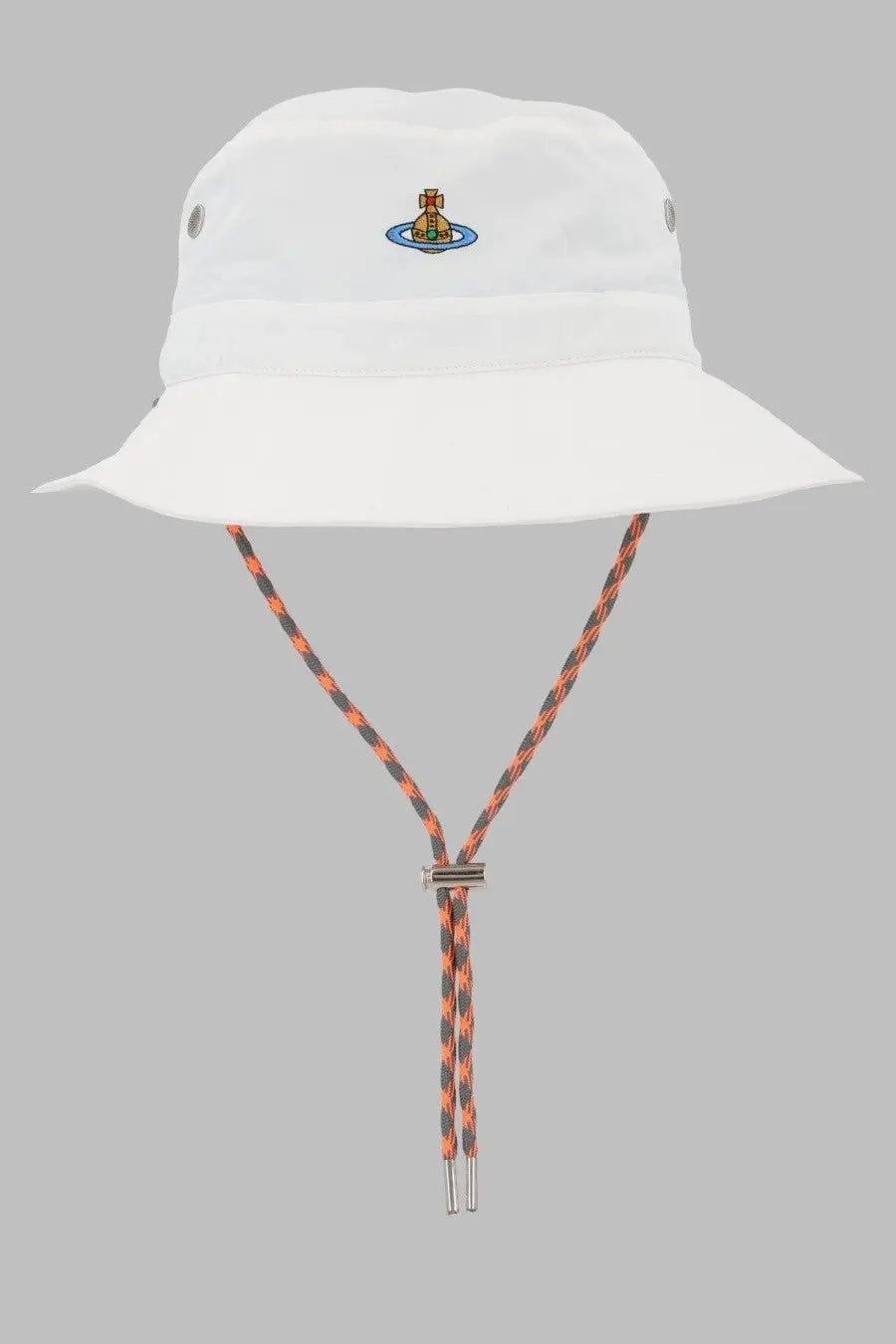 Vivienne Westwood women’s white bucket hat with embroidered logo and orange-gray braided chin strap