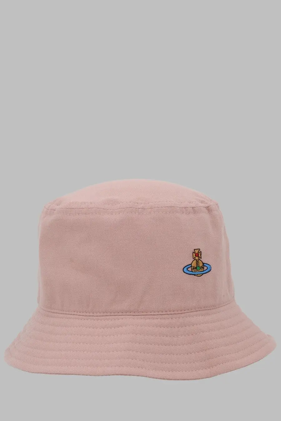 A soft pink vivienne westwood women’s cappello bucket featuring a small embroidered orb logo on a blue base