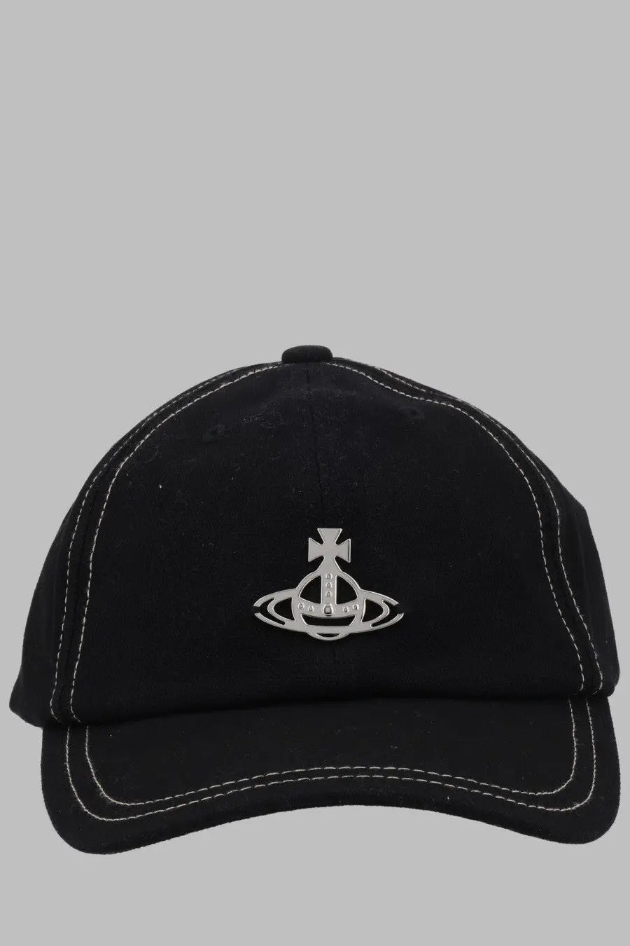 Vivienne Westwood women’s black baseball cap with silver embroidered logo and white stitching in edgewear style
