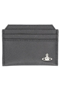 Vivienne westwood women’s black textured card holder with silver planet logo on front side