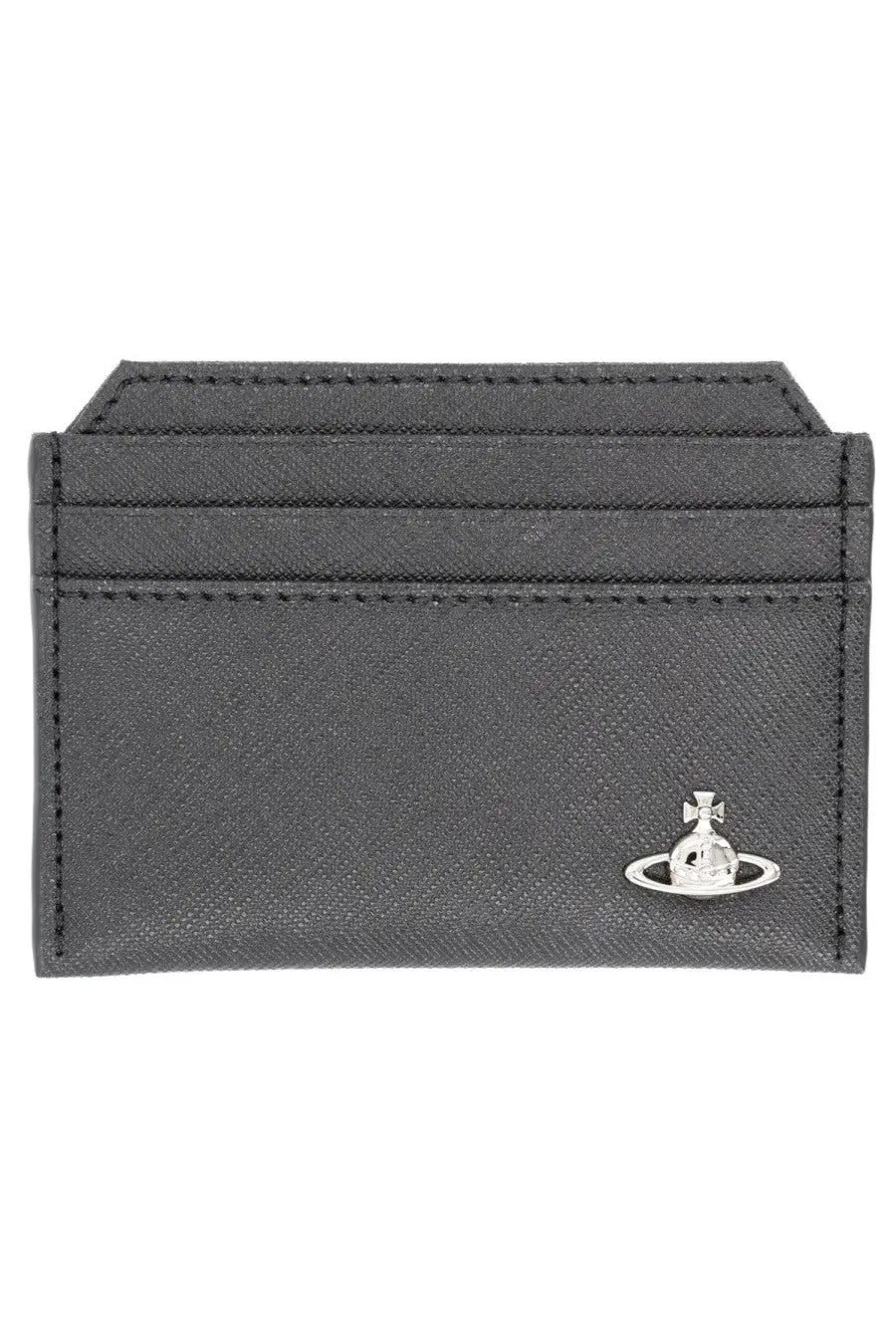 Vivienne Westwood women’s black textured card holder with silver planet logo and compact design