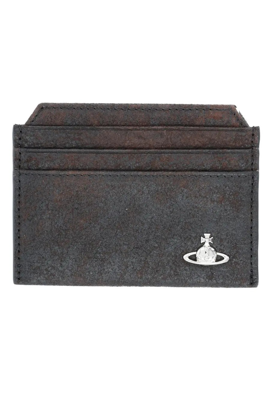 Vivienne Westwood women’s card holder in dark brown suede with a silver orb logo emblem