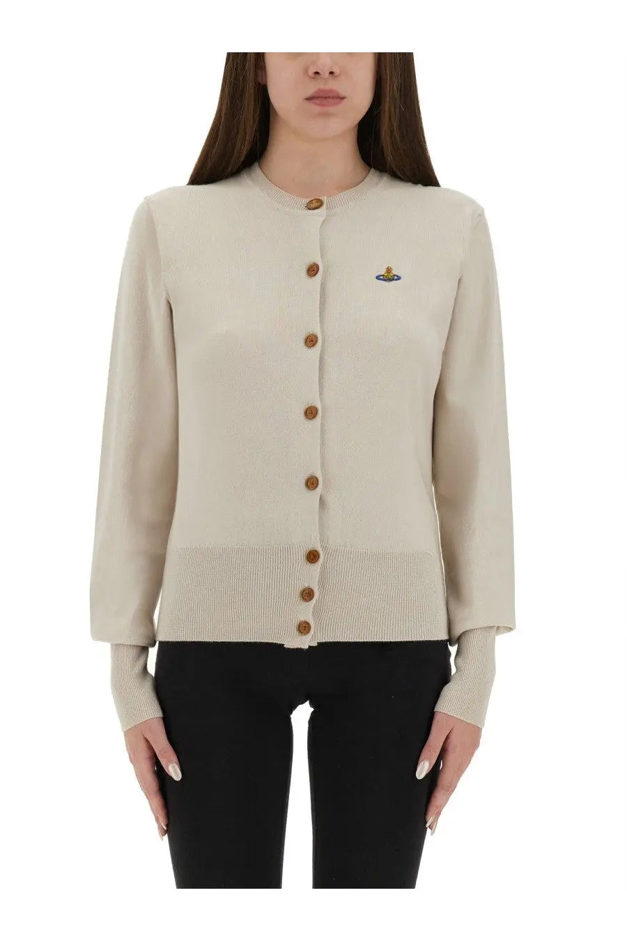 Vivienne Westwood women’s cream-colored knitted cardigan with wooden buttons and small embroidered logo on the left chest