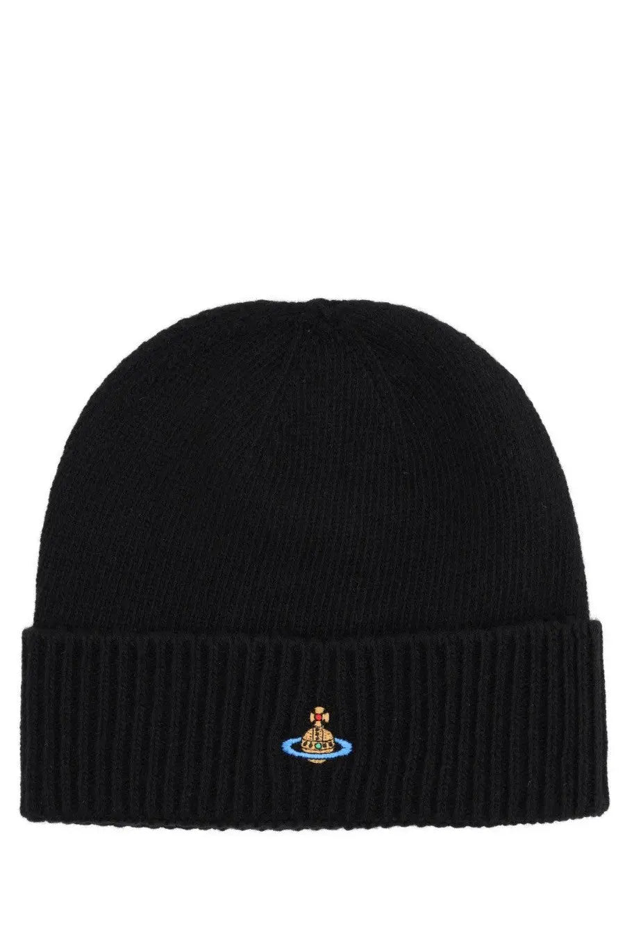 Vivienne westwood women’s black ribbed cashmere beanie with small embroidered logo on the front
