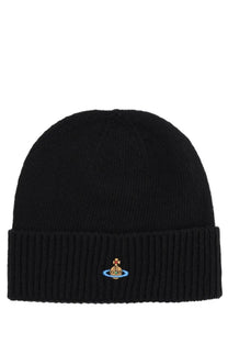 Vivienne westwood women’s black ribbed cashmere beanie with small embroidered logo on the front