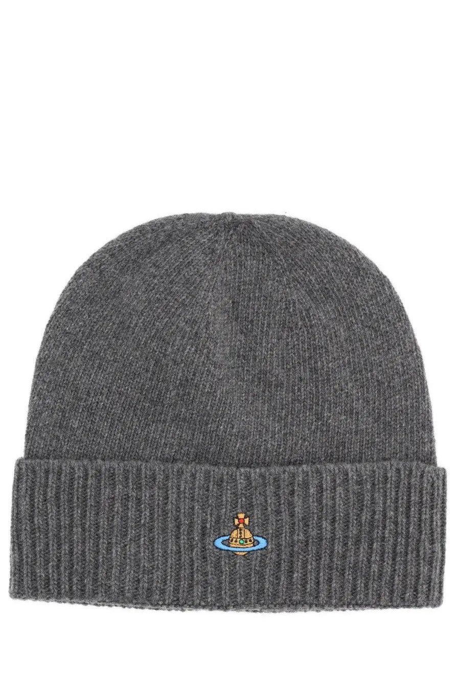 Gray ribbed knit cashmere beanie with small embroidered vivienne westwood logo on the cuff for women