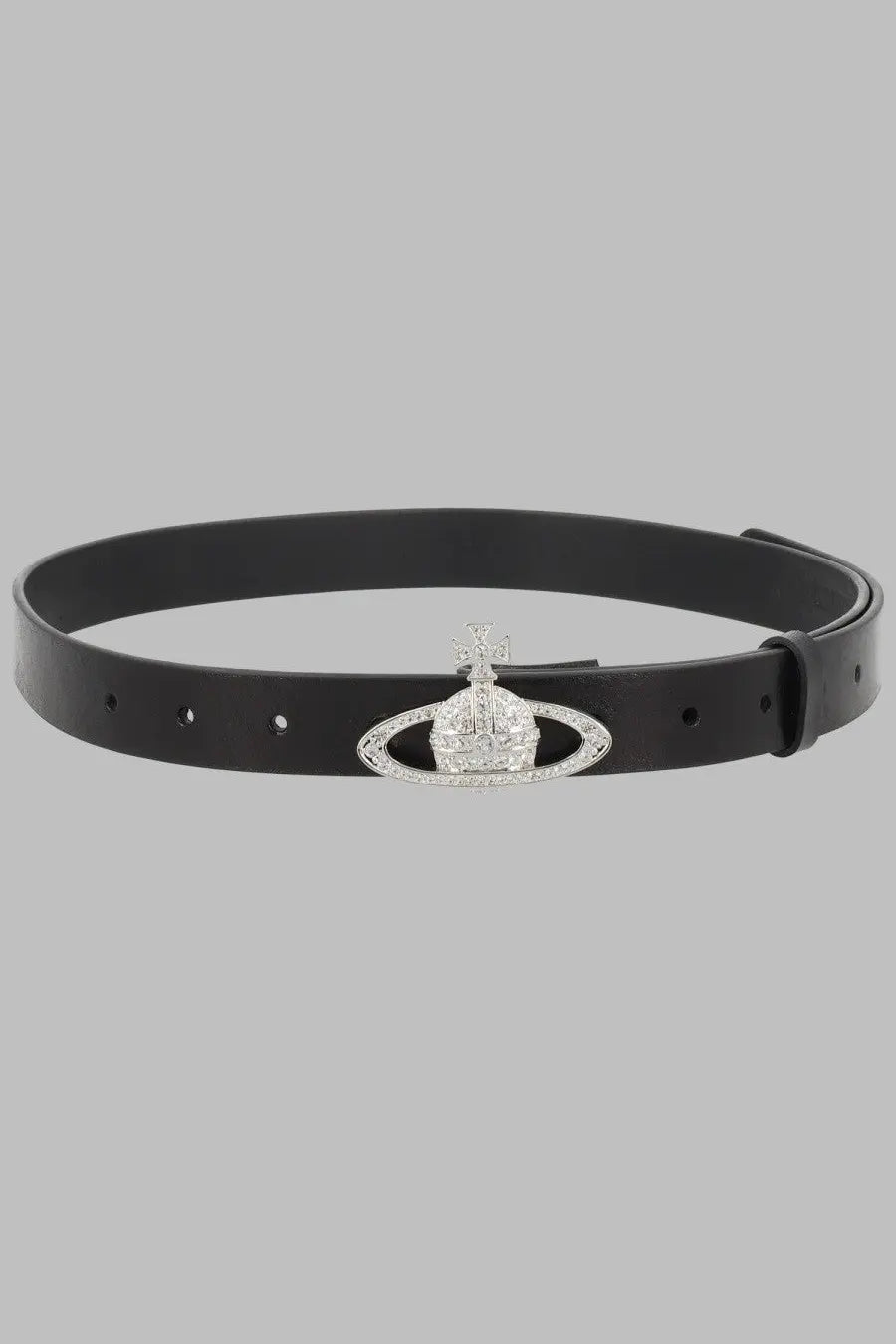 Black leather vivienne westwood women’s belt with silver diamond encrusted venus logo buckle