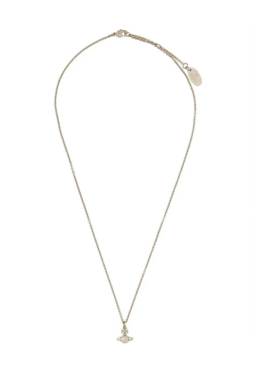 Vivienne westwood women’s silver chain necklace with delicate pearl pendant and small gemstones in iconic design
