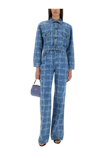 Vivienne Westwood women’s blue denim jumpsuit with handwritten script pattern and cropped jacket style